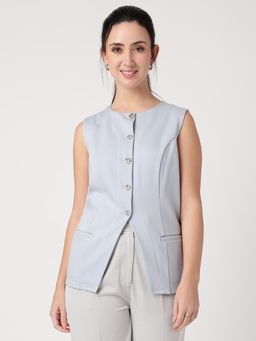 Strong And Brave - Women Round Neck Blue Waistcoat