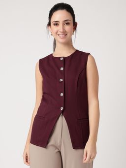 Strong And Brave - Women Round Neck Wine Waistcoat