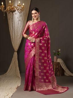 Akhilam - Womens Organza Pink Woven Design Designer Saree with Unstitched Blouse