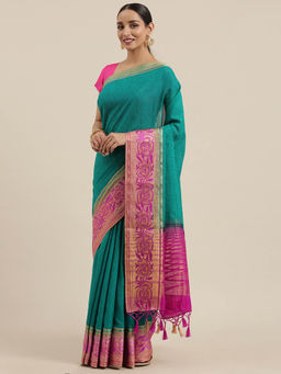 Mimosa - Women Kanjivaram Linen Saree With Unstitched Blouse