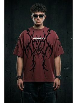 VEIRDO - Men's Maroon Flock Graphic Printed Exclusive Supreme Edition T-Shirt