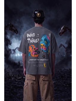 VEIRDO - Men's Wild Thing Dark Grey Oversized Puff Graphic Printed Exclusive T-Shirt