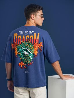 VEIRDO - Men's Dragon Navy 3D Puff Graphic Printed Exclusive Supreme Edition T-Shirt