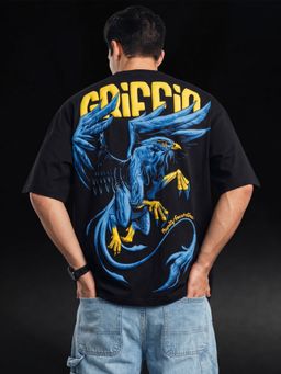 VEIRDO - Men's Griffin Black 3D Puff Graphic Printed Exclusive Supreme Edition T-Shirt