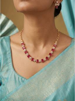 Vosgi - Ruby Pink Crystal Floral Link Jewellery Set