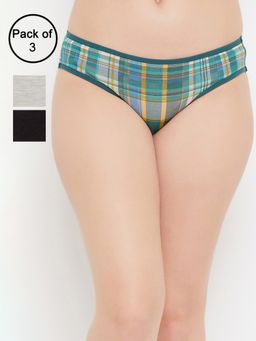 Clovia - Cotton Spandex Low Waist Outer Elastic Bikini Panty - Multi-Color (Pack of 3)
