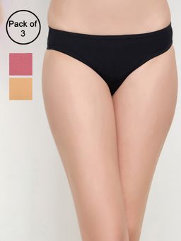 Clovia - Cotton Spandex Low Waist Outer Elastic Bikini Panty - Multi-Color (Pack of 3)