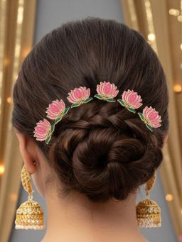 OOMPH - Pack of 6 Meenakari Lotus Hair Bun Pins Stylish Latest