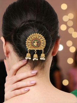 OOMPH - Gold Ethnic Hair Bun Pin Juda Pin - Kempu Stones - Peacock Design