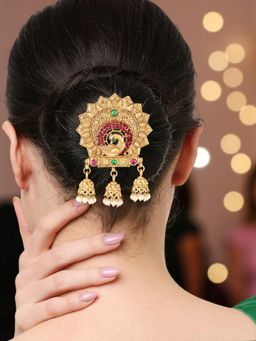 OOMPH - Gold Ethnic Hair Bun Pin Juda Pin - Kempu Stones - Peacock Design
