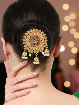OOMPH - Gold Ethnic Hair Bun Pin Juda Pin - Kempu Stones - Peacock Design