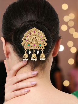 OOMPH - Gold Ethnic Hair Bun Pin Juda Pin - Kempu Stones - Laxmi Design