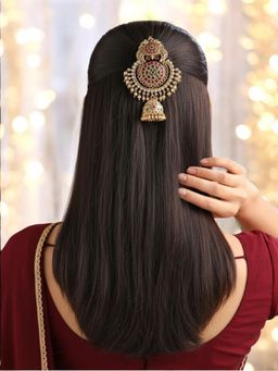OOMPH - Gold Ethnic Hair Bun Pin Juda Pin - Kempu Stones - Peacock Design
