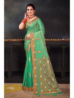 Sangam Prints - Sea Green Silk Woven Zari Work Traditional Tassel Saree with Unstitched Blouse