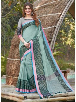 Sangam Prints - Sea Green Thread Work Traditional Saree with Unstitched Blouse