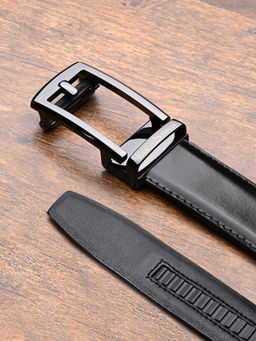 Louis Stitch - Black Premium VT Leather Mens Gunmetal Black Buckle Auto Lock Belt