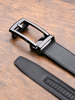 Louis Stitch - Black Premium VT Leather Mens Gunmetal Black Buckle Auto Lock Belt