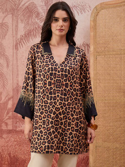 First Resort by Ramola Bachchan - Sequin Leopard Print Brown Top