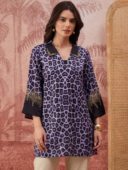 First Resort by Ramola Bachchan - Sequin Leopard Print Purple Top