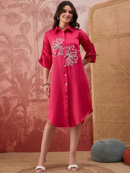 First Resort by Ramola Bachchan - Hot Pink Hand Embroidered Corded Floral Dress