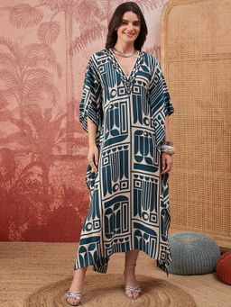 First Resort by Ramola Bachchan - Beige Abstract Printed Mid Length Kaftan Dress