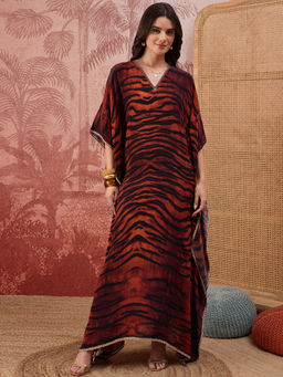 First Resort by Ramola Bachchan - Brown Tiger Print Embellished Full Length Kaftan Dress