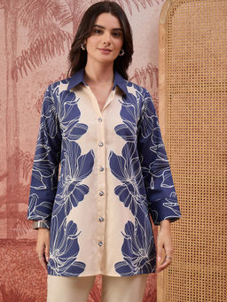 First Resort by Ramola Bachchan - Women Blue Bold Florals Printed Shirt