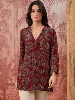 First Resort by Ramola Bachchan - Women Red Leopard Patch Printed Embellished Shirt