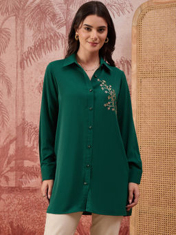 First Resort by Ramola Bachchan - Women Green Embellished Casual Shirt