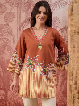 First Resort by Ramola Bachchan - Women Brown Striped Floral Embellished Top