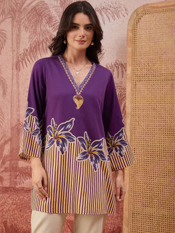 First Resort by Ramola Bachchan - Women Purple Striped Floral Embellished Top
