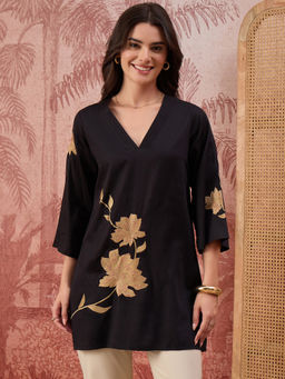 First Resort by Ramola Bachchan - Women Black Rose Pleated Neck Top