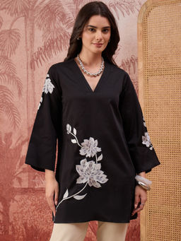First Resort by Ramola Bachchan - Women Black Rose Pleated Neck Top