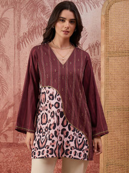 First Resort by Ramola Bachchan - Women Maroon Leopard Print Stripe Hand Embroidered Top
