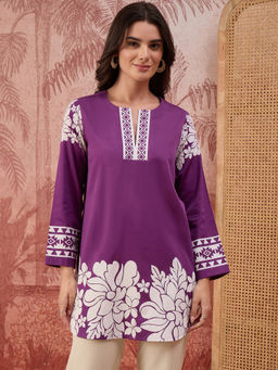 First Resort by Ramola Bachchan - Women Purple Warli-Inspired Floral Printed Top