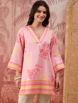First Resort by Ramola Bachchan - Women Pink And Yellow Rose Printed Geometric Top
