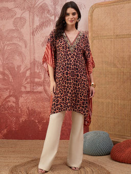 First Resort by Ramola Bachchan - Women Orange Leopard And Zebra Printed Embroidered Tunic