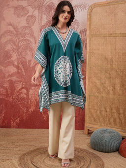 First Resort by Ramola Bachchan - Teal Floral Mandala Printed Geometric Kaftan Tunic