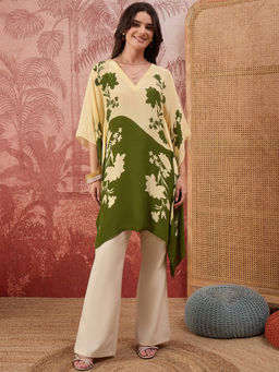 First Resort by Ramola Bachchan - Women Green Colour blocked Floral Kaftan Tunic