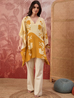 First Resort by Ramola Bachchan - Women Yellow And Orange Colour blocked Floral Kaftan Tunic