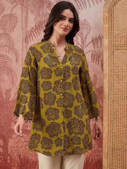 First Resort by Ramola Bachchan - Women Green Leopard Patch Printed Embellished Shirt