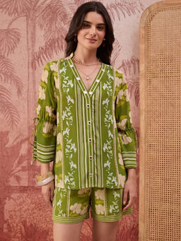 First Resort by Ramola Bachchan - Women Light Green Floral Mirror Tunic With Shorts