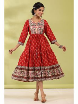 Rain & Rainbow - Women Red Floral Printed Pure Cotton Anarkali Kurta