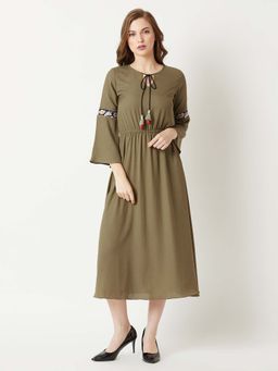 Miss Chase - Women's Olive Keyhole Neck 3/4 Sleeve Solid Gathered Tassel Detailing Midi Dress