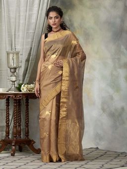 WeaverStory - Handloom Golden Beige Chanderi Silk Saree with Cow Motifs with Unstitched Blouse