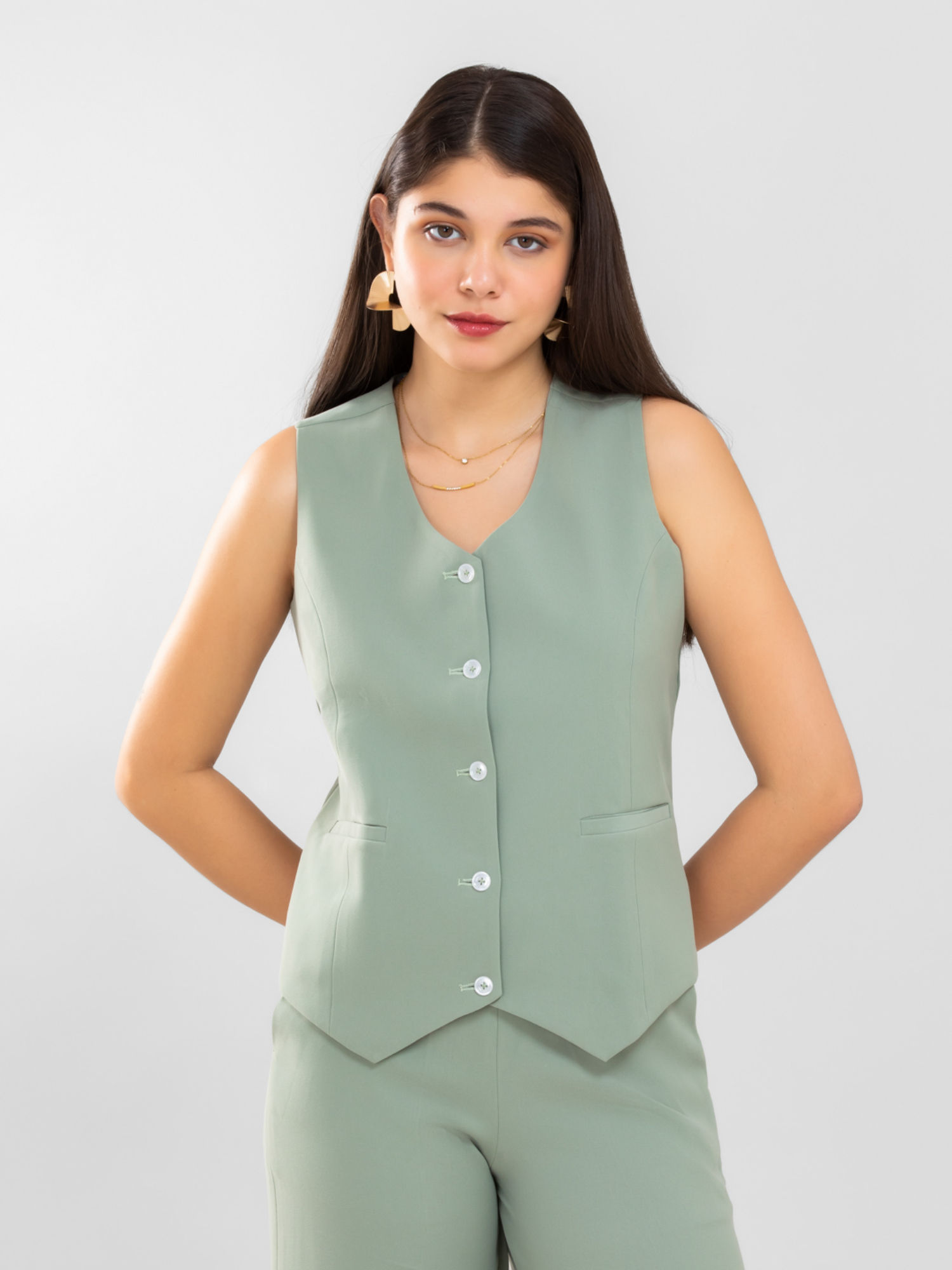 d’almirah Women Sage Green V Neck Front Button Waistcoat-picture-13