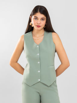 D’ALMIRAH - Women Sage Green V Neck Front Button Waistcoat