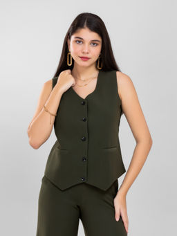 D’ALMIRAH - Women Olive Green V Neck Front Button Waistcoat