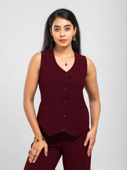 D’ALMIRAH - Women Maroon V Neck Front Button Waistcoat