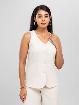D’ALMIRAH - Women Beige V Neck Long Suit Waistcoat